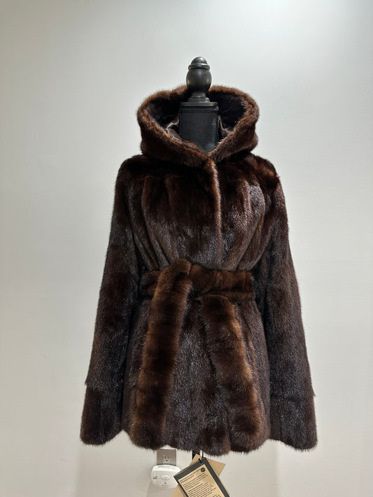 Luxury Womens Real 100% MINK FUR COAT 1201065 size L Hooded Jacket BROWN NATURAL