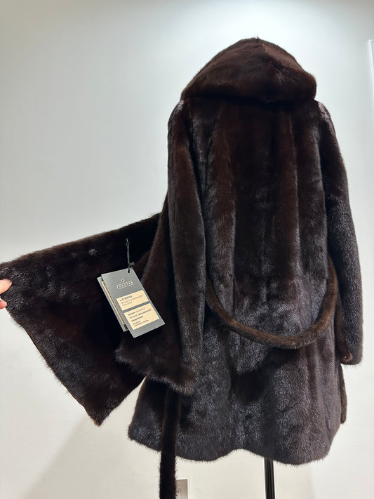 NEW REAL MINK FUR coat size M MEDIUM HOODED 1201063 long sleeve jacket BROWN