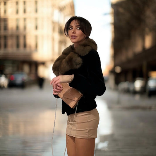 New BLACK MINK SHORT coat JACKET size S REAL SABLE COLLAR 1201079