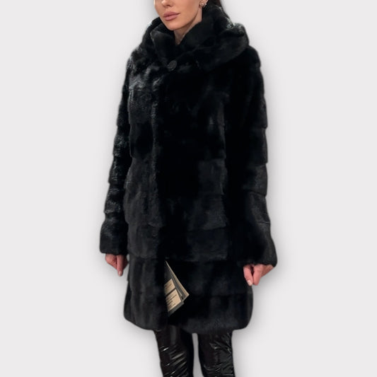 NEW REAL MINK FUR coat size S SMALL 1201081 HORIZONTAL long sleeve jacket BLACK