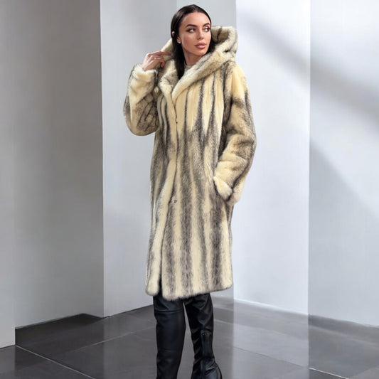 REAL CROSS MINK FUR women coat size L NEW 1201097 GENUINE FURS A STYLE HOODED