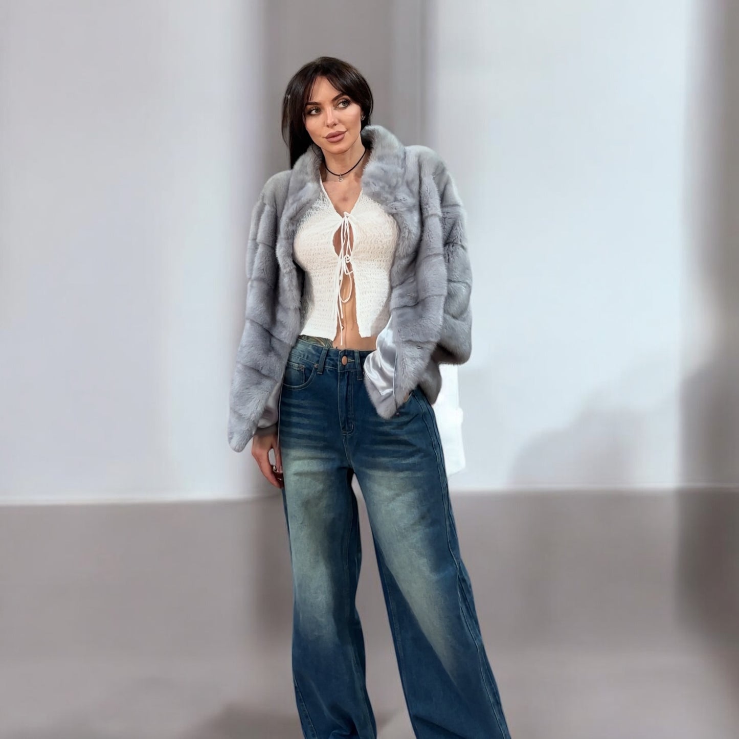GENUINE MINK NEW REAL FUR coat Jacket GREY color SUPER size S women 1201102