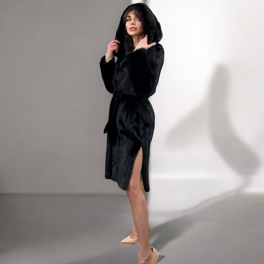 NEW REAL MINK FUR coat size M BELTED HOODED 1201100 long sleeve jacket BLACK