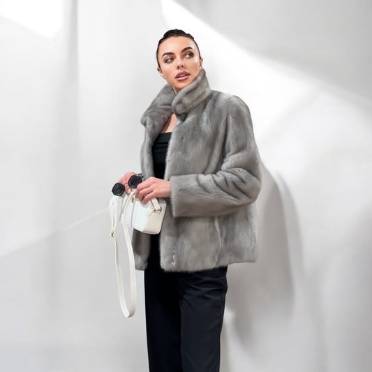 WOMEN New MINK FUR SHORT coat JACKET size M REAL FULL SKIN 1201120 GREY