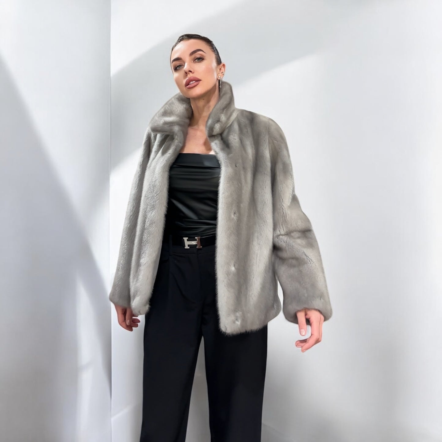 WOMEN New MINK FUR SHORT coat JACKET size M REAL FULL SKIN 1201120 GREY