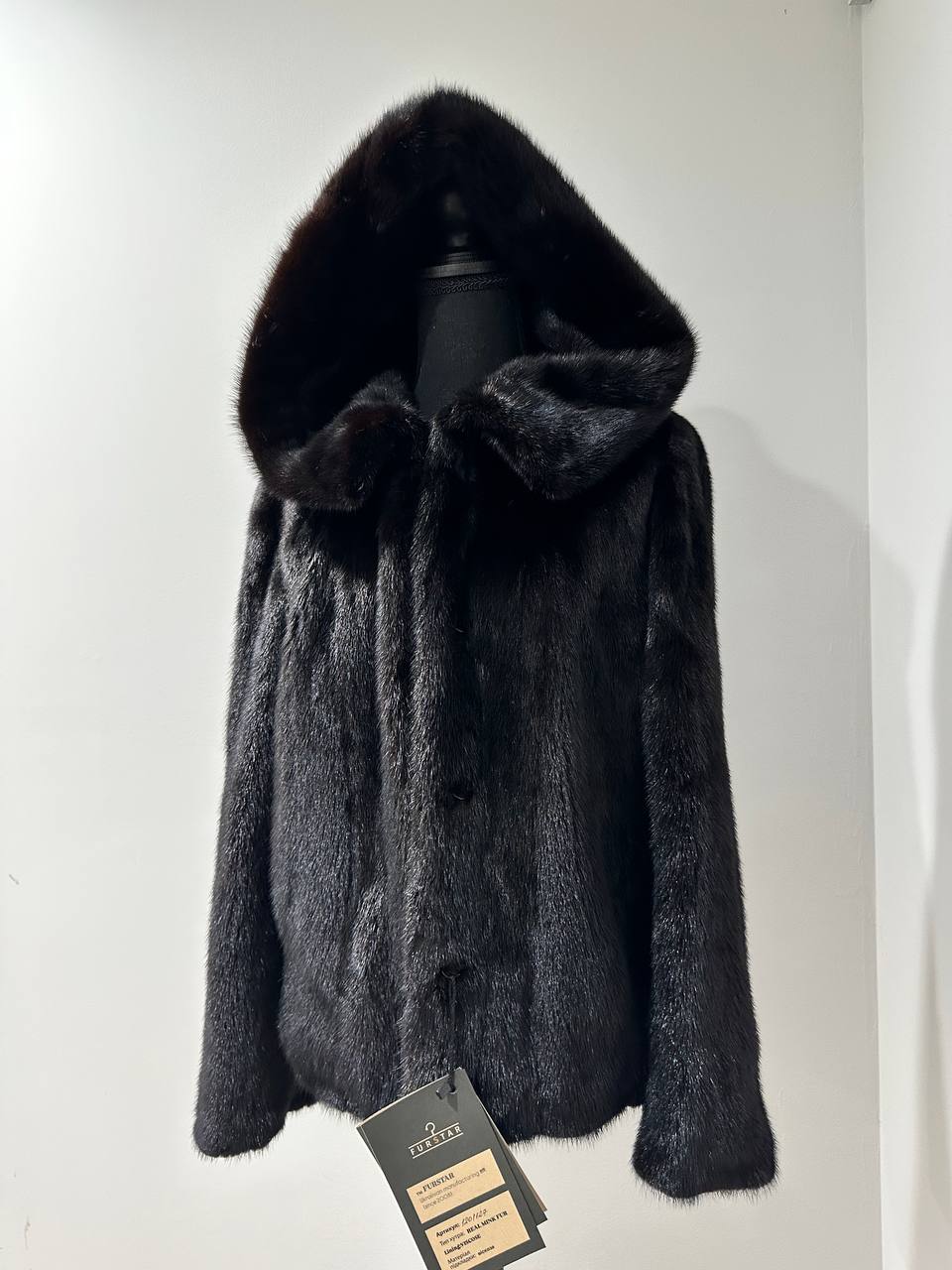 New Luxury Black Real Mink Jacket Cobra Hood Size Medium by FURSTAR M 1201127