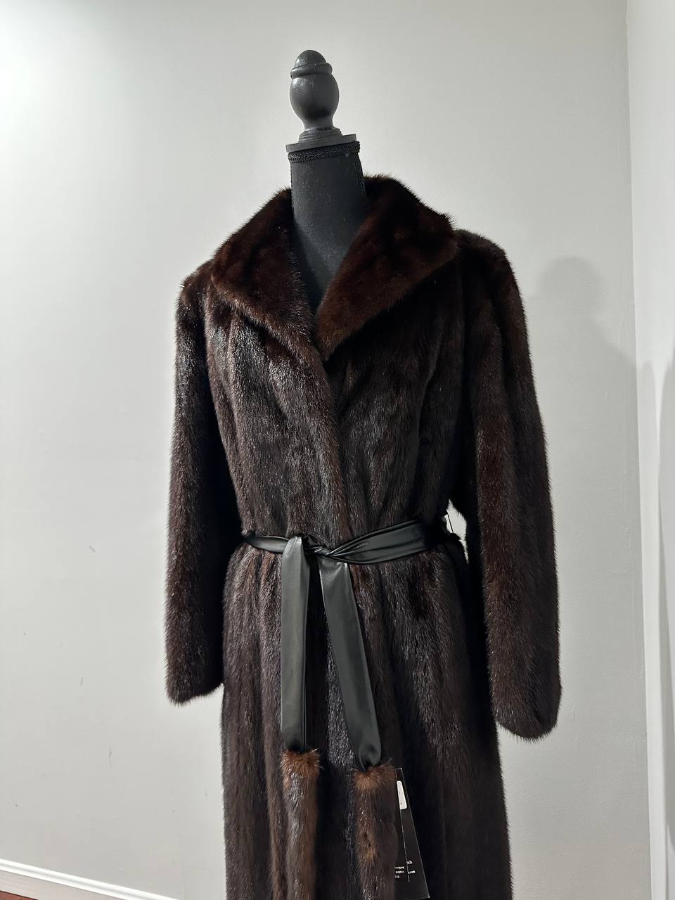 women real mink fur coat long with belt dark brown color size XL NEW!!! 1109798