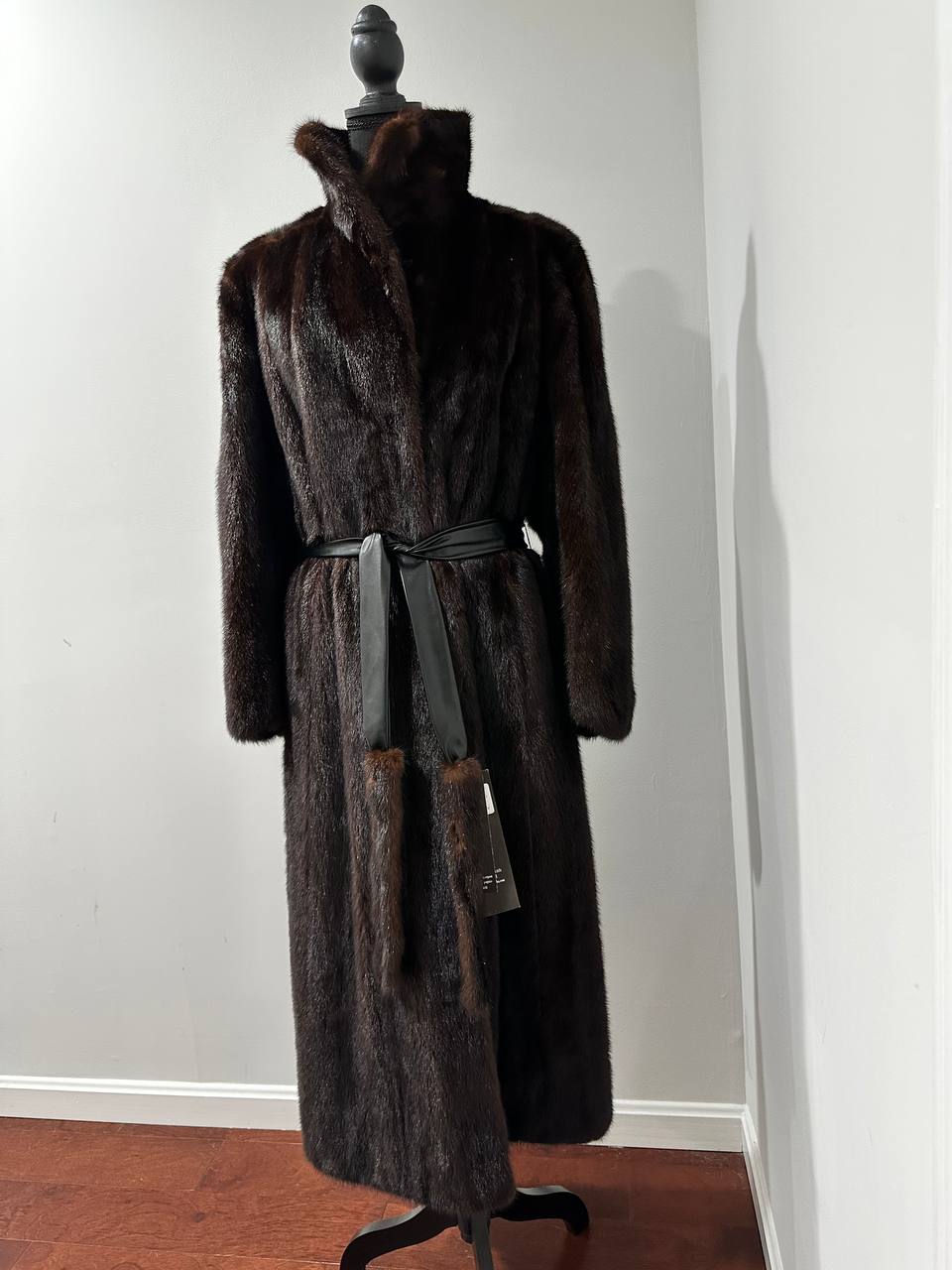 women real mink fur coat long with belt dark brown color size XL NEW!!! 1109798