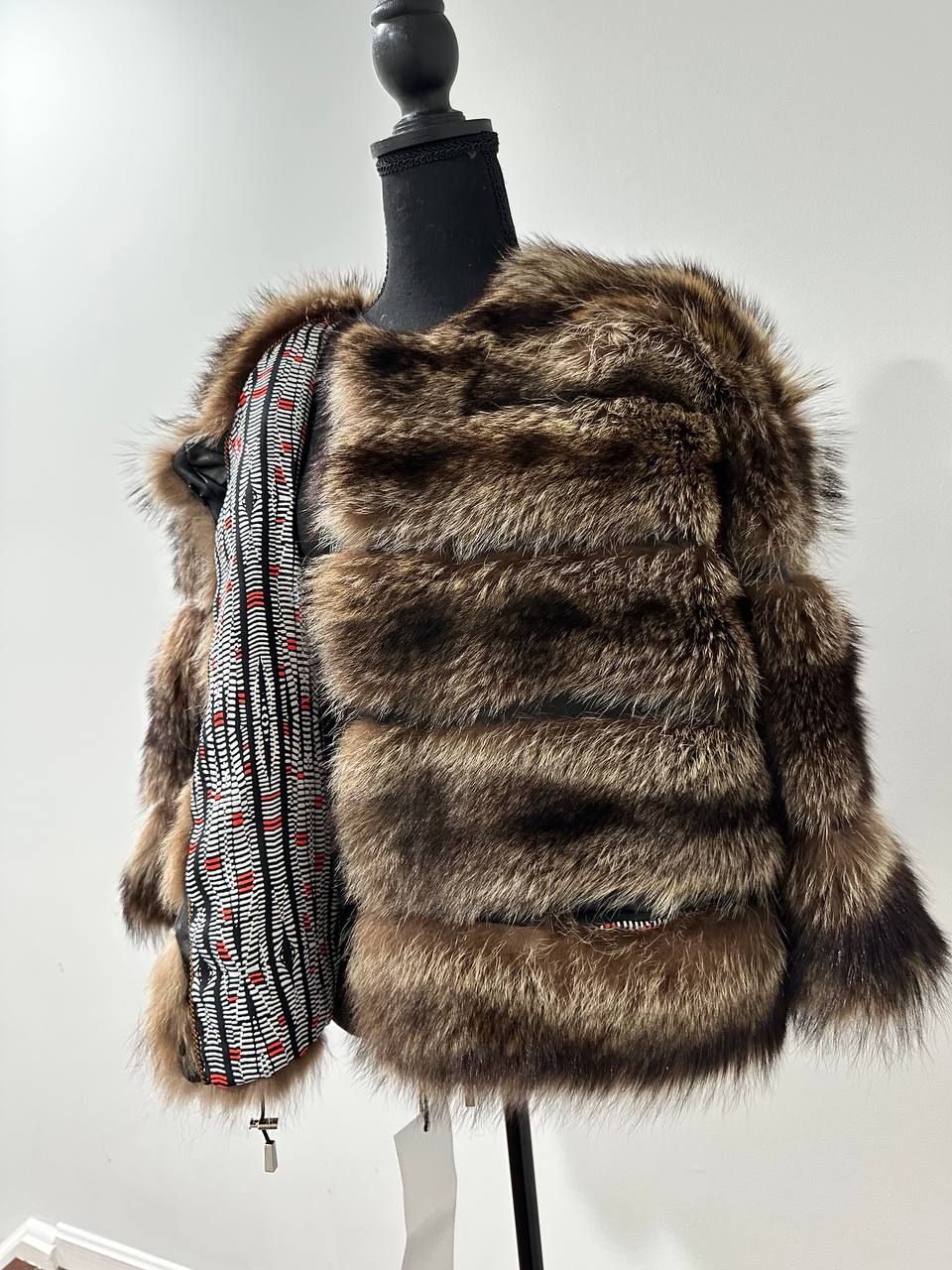 New REAL raccoon FUR SHORT BOMBER Coat Size XL 1109835 HORIZONTAL STYLE