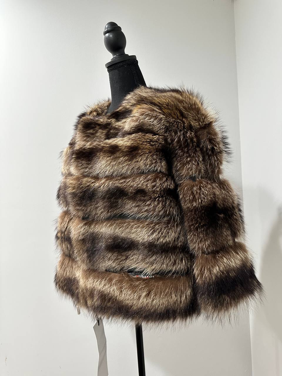 New REAL raccoon FUR SHORT BOMBER Coat Size XL 1109835 HORIZONTAL STYLE