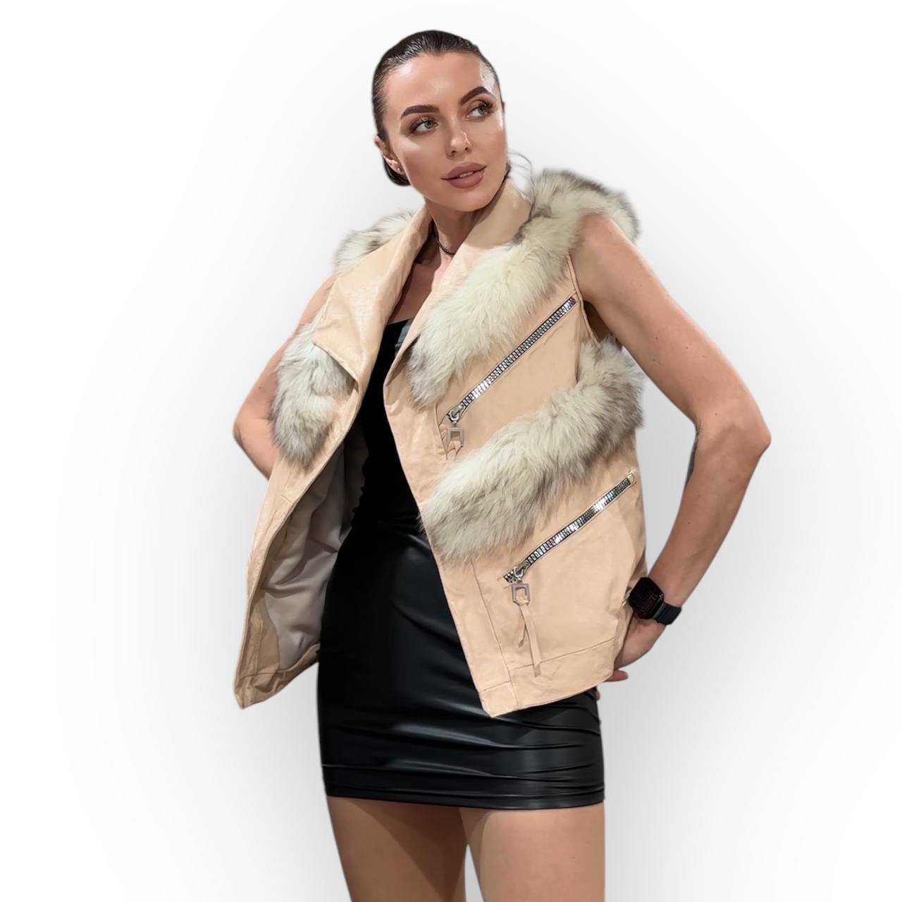 REAL genuine FOX fur women vest S SIZE LEATHER 1109912 WITHOUT SLEEVES