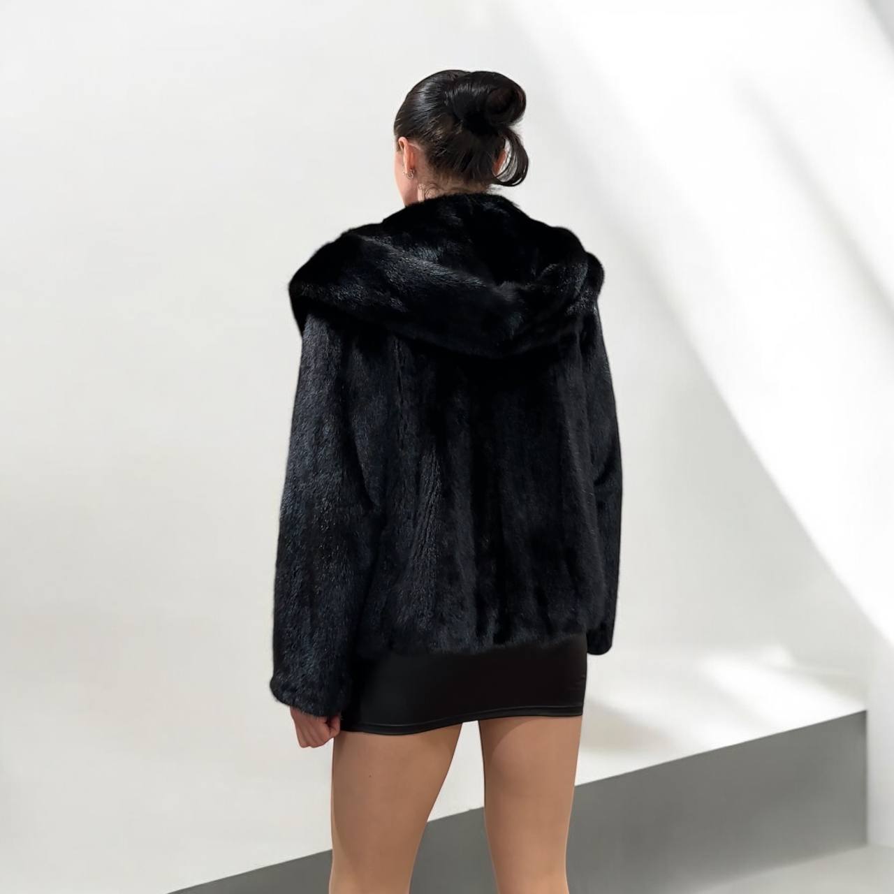 New Luxury Black Real Mink Jacket Cobra Hood Size Medium by FURSTAR M 1201127