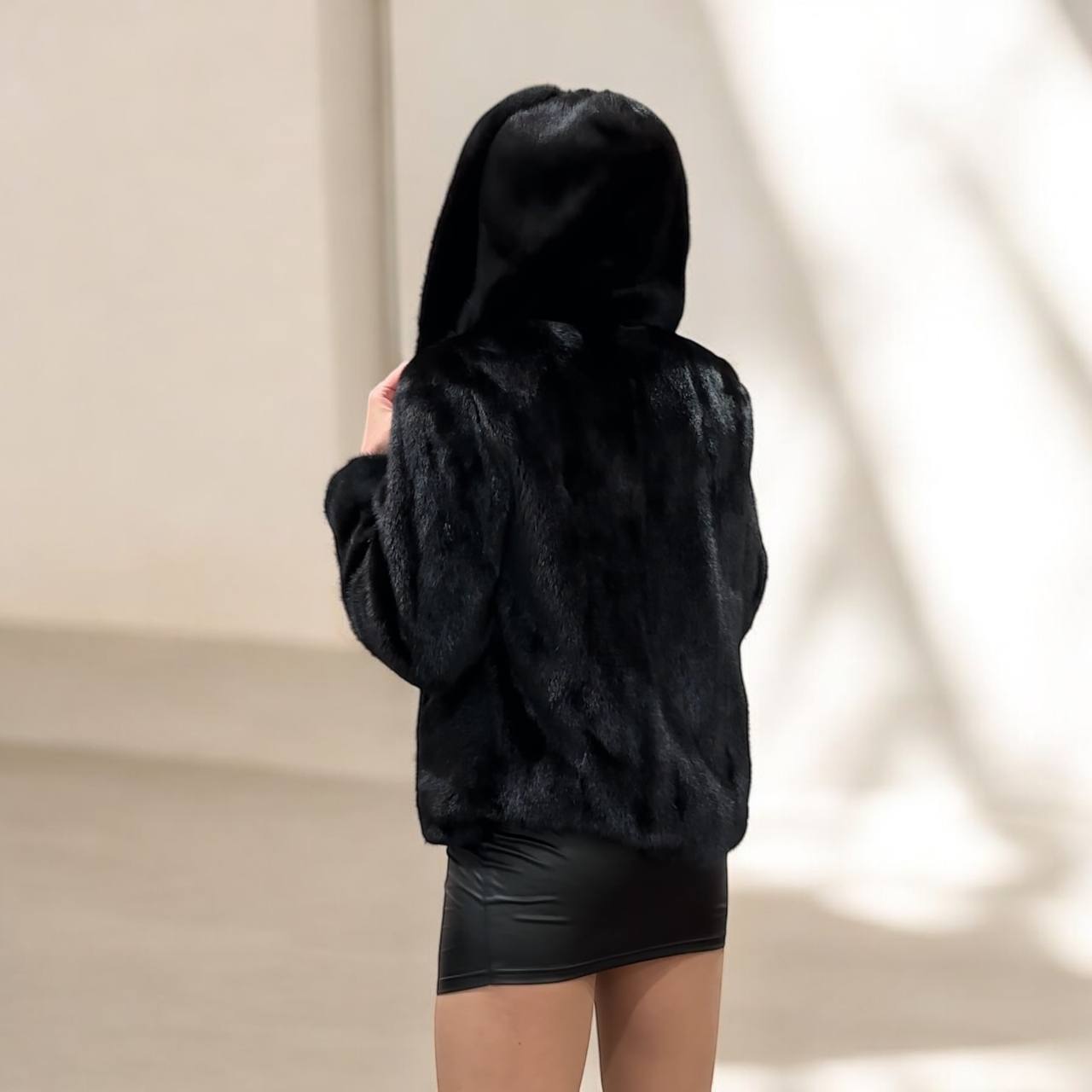 New Luxury Black Real Mink Jacket Cobra Hood Size Medium by FURSTAR M 1201127