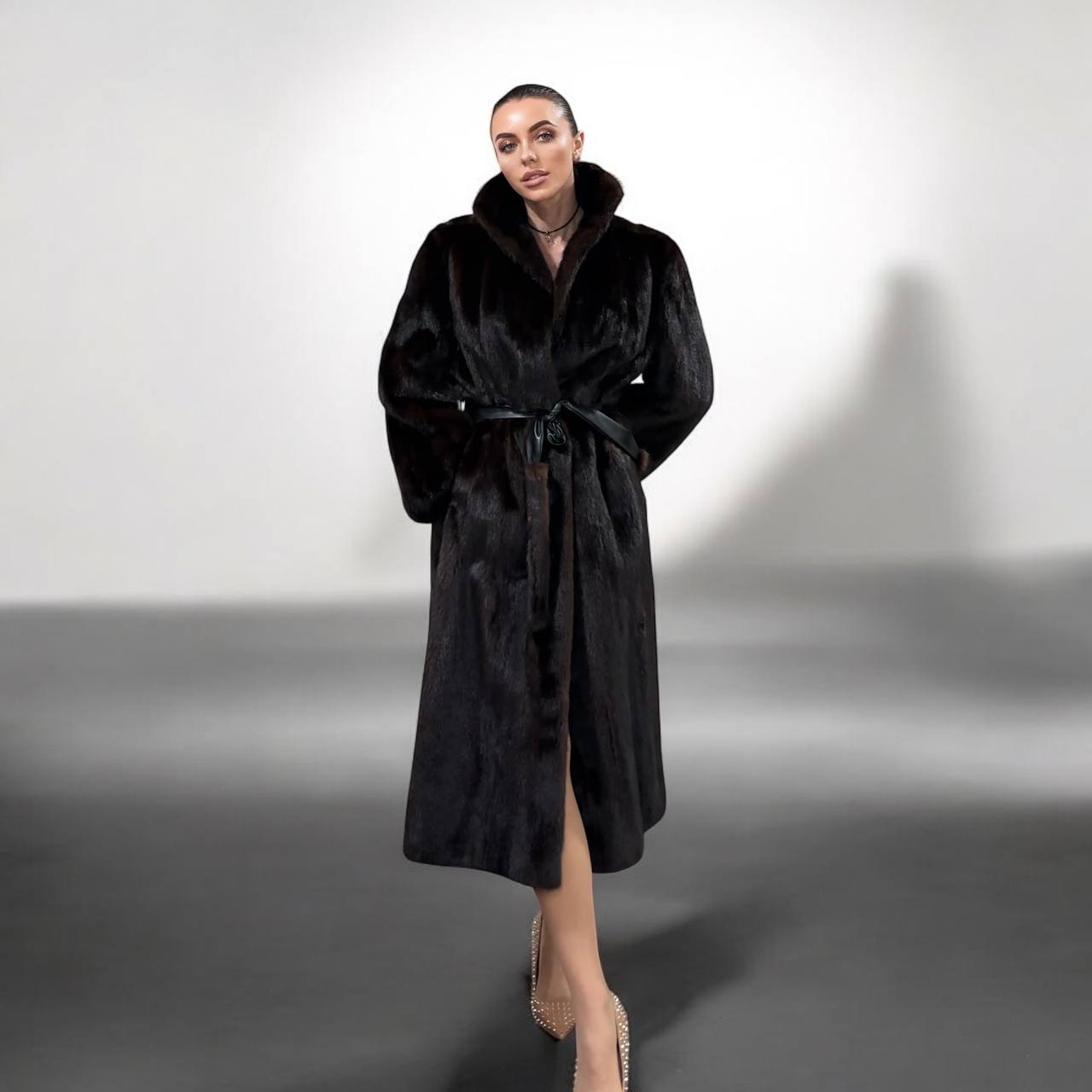 women real mink fur coat long with belt dark brown color size XL NEW!!! 1109798