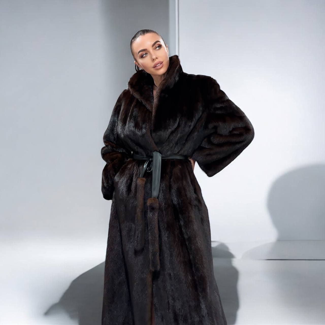 women real mink fur coat long with belt dark brown color size XL NEW!!! 1109798
