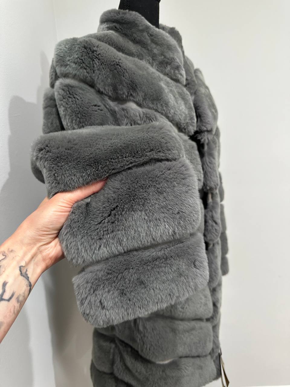 Luxury Womens Real natural Rex Rabbit Fur Coat size S women 1201135 Elegant Soft Gre