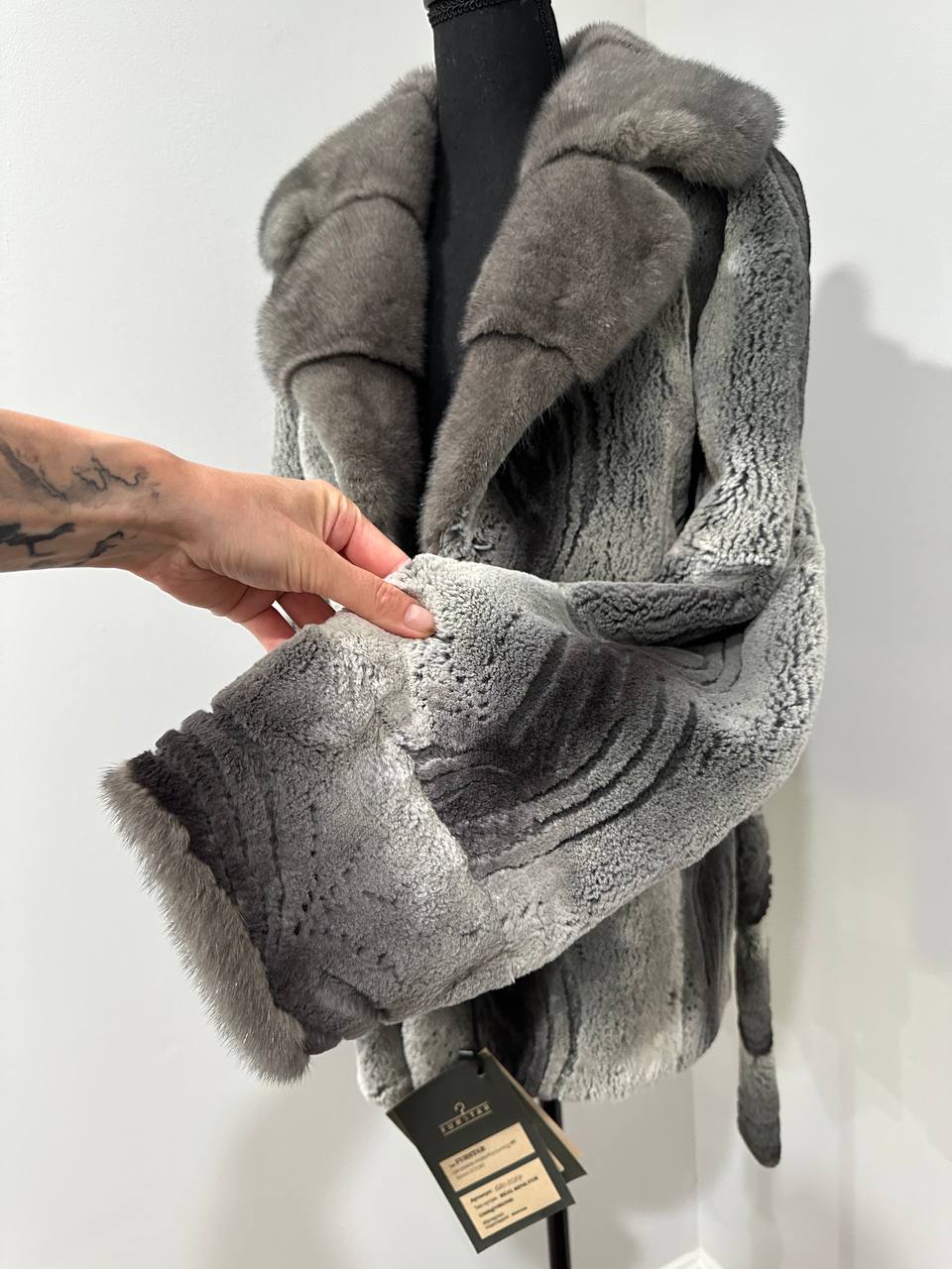 Stunning Karakul Astrakhan Fur Jacket M size with Mink Fur Details 1201134 GREY