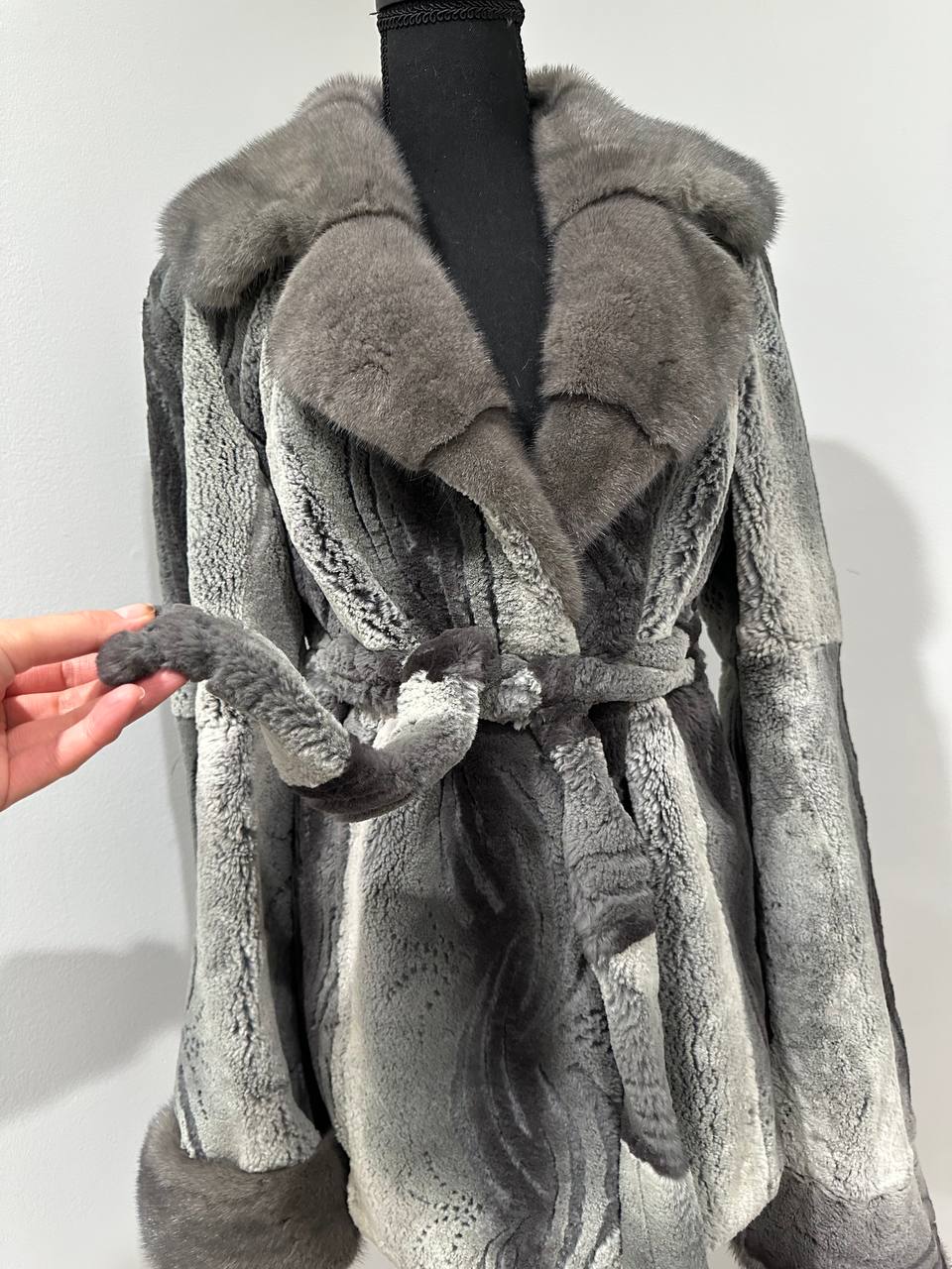 Stunning Karakul Astrakhan Fur Jacket M size with Mink Fur Details 1201134 GREY