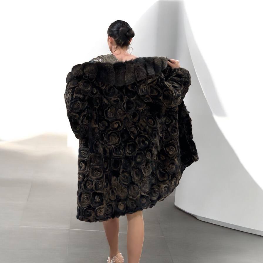 Karakul Fur Coat Natural dyed arctic FOX Collar size M 1201132 New Exclusive Design