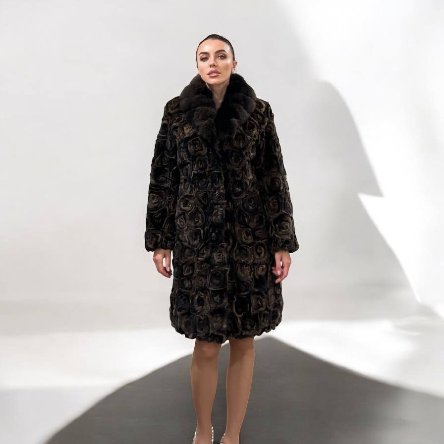 Karakul Fur Coat Natural dyed arctic FOX Collar size M 1201132 New Exclusive Design