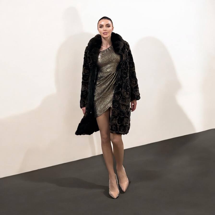 Karakul Fur Coat Natural dyed arctic FOX Collar size M 1201132 New Exclusive Design