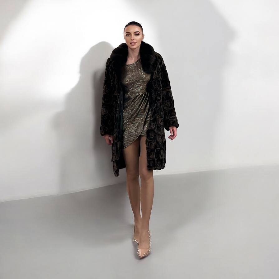 Karakul Fur Coat Natural dyed arctic FOX Collar size M 1201132 New Exclusive Design