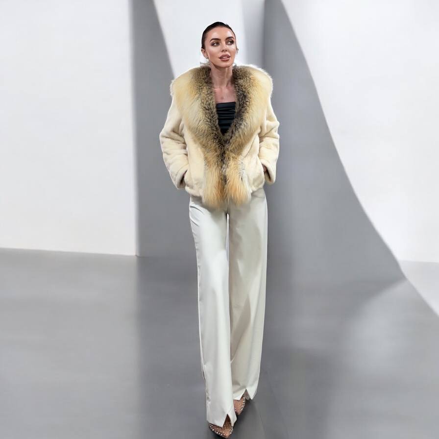 Luxury Womens Real 100% Mink FUR CREAM FOX genuine coat 1201110 size S NEW JACKET