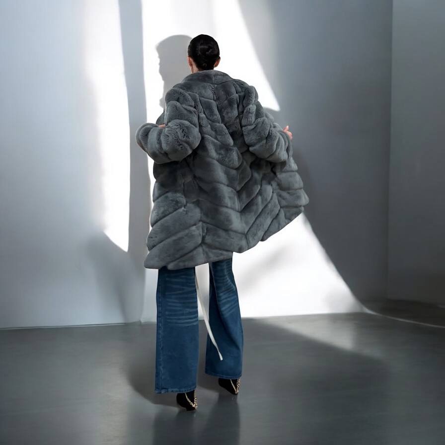 Luxury Womens Real natural Rex Rabbit Fur Coat size S women 1201135 Elegant Soft Gre