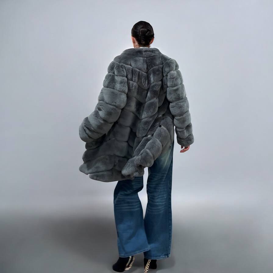 Luxury Womens Real natural Rex Rabbit Fur Coat size S women 1201135 Elegant Soft Gre