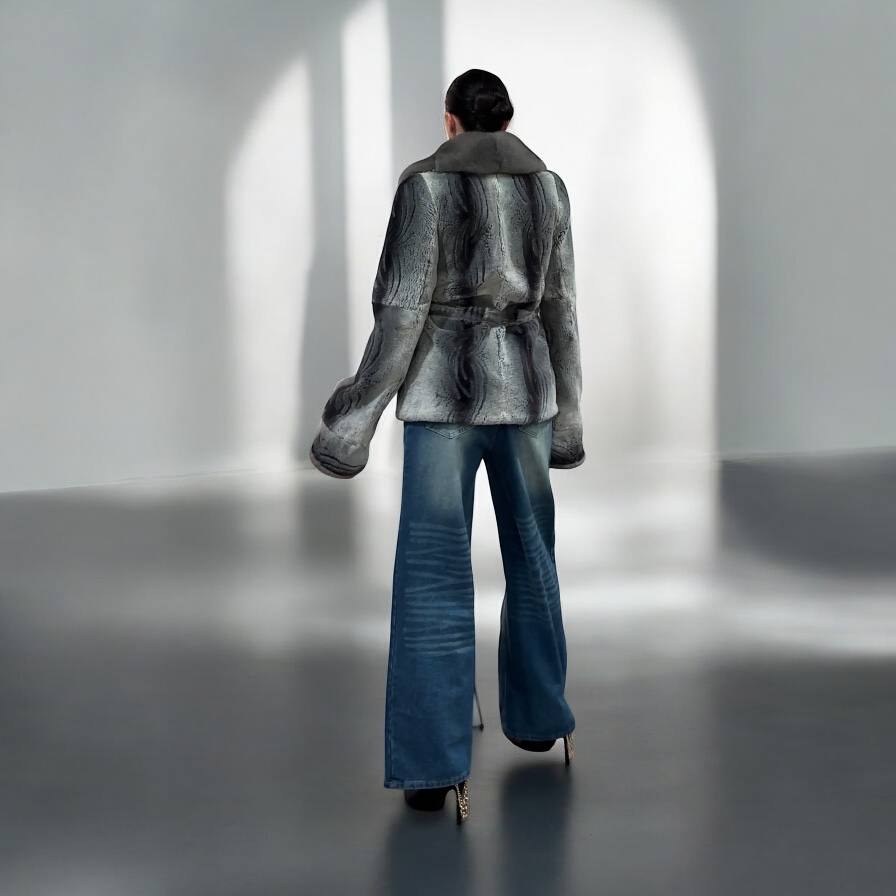 Stunning Karakul Astrakhan Fur Jacket M size with Mink Fur Details 1201134 GREY