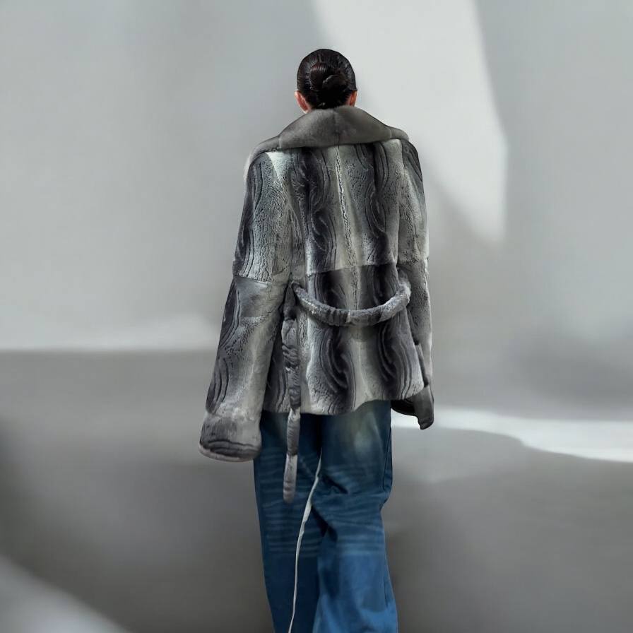 Stunning Karakul Astrakhan Fur Jacket M size with Mink Fur Details 1201134 GREY