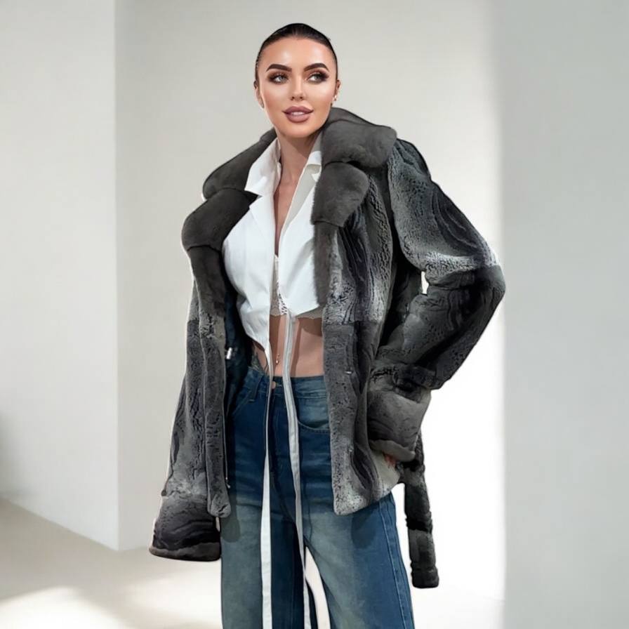 Stunning Karakul Astrakhan Fur Jacket M size with Mink Fur Details 1201134 GREY