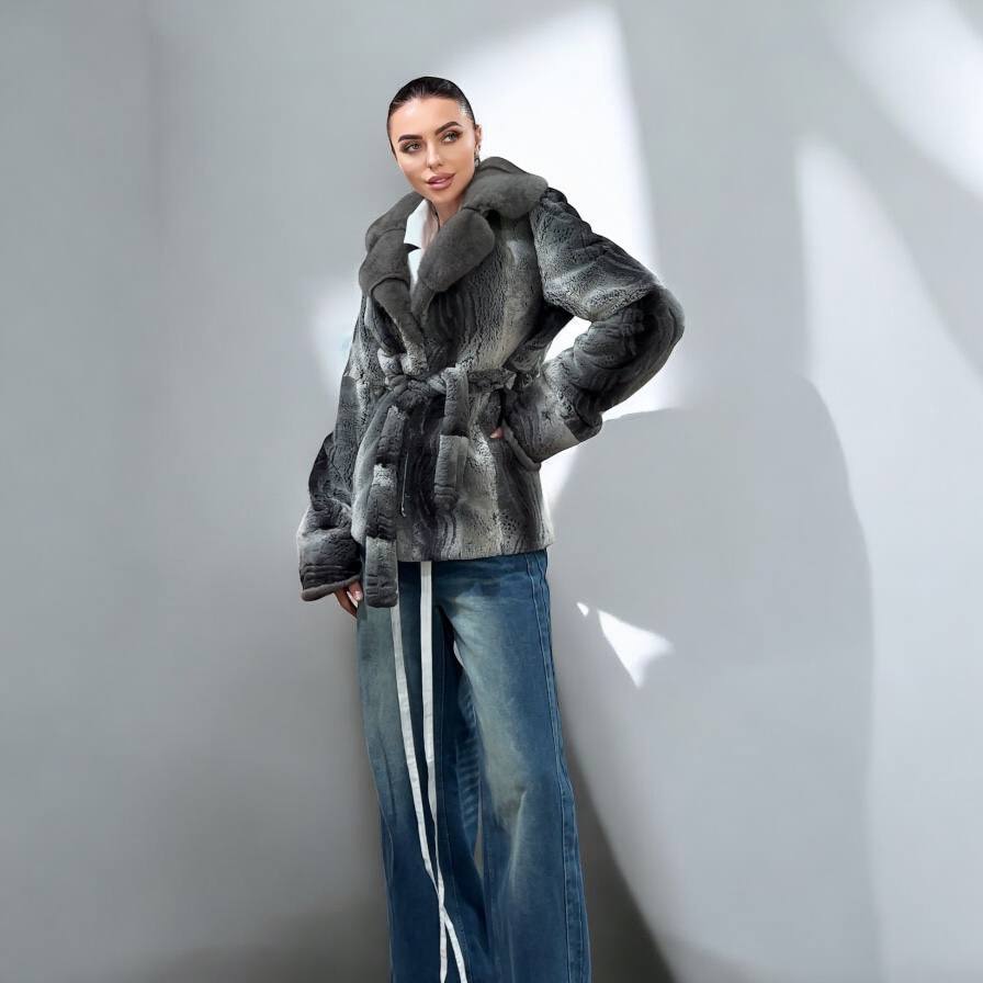 Stunning Karakul Astrakhan Fur Jacket M size with Mink Fur Details 1201134 GREY