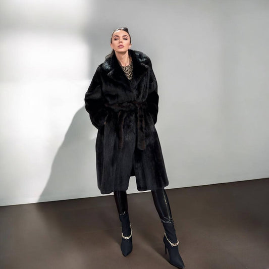 genuine real mink fur coat BELTED jacket 1201002 size XL new dark brown color