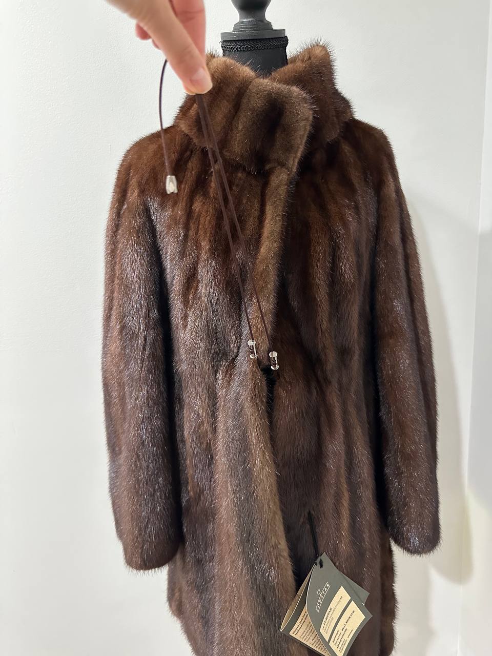Genuine REAL Mink Fur coat BROWN jacket size L 1201041 LONG sleeve NEW BELTED