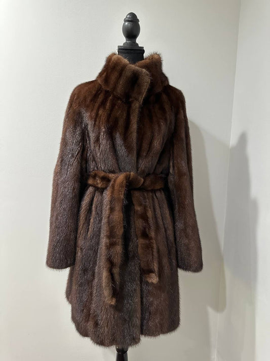 Genuine REAL Mink Fur coat BROWN jacket size L 1201041 LONG sleeve NEW BELTED