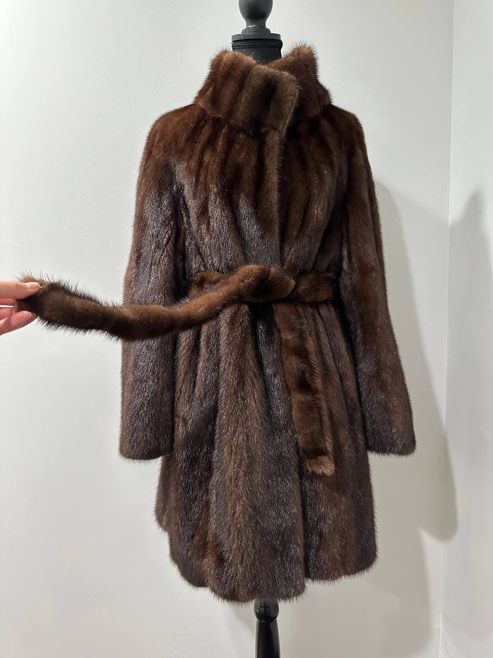 Genuine REAL Mink Fur coat BROWN jacket size L 1201041 LONG sleeve NEW BELTED