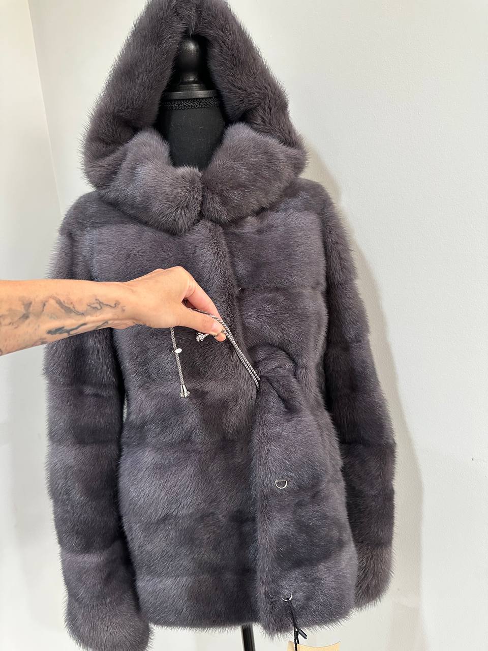 New HOODED MINK 100% FUR BOMBER coat JACKET size S DARK VIOLET FULL SKIN 1201124