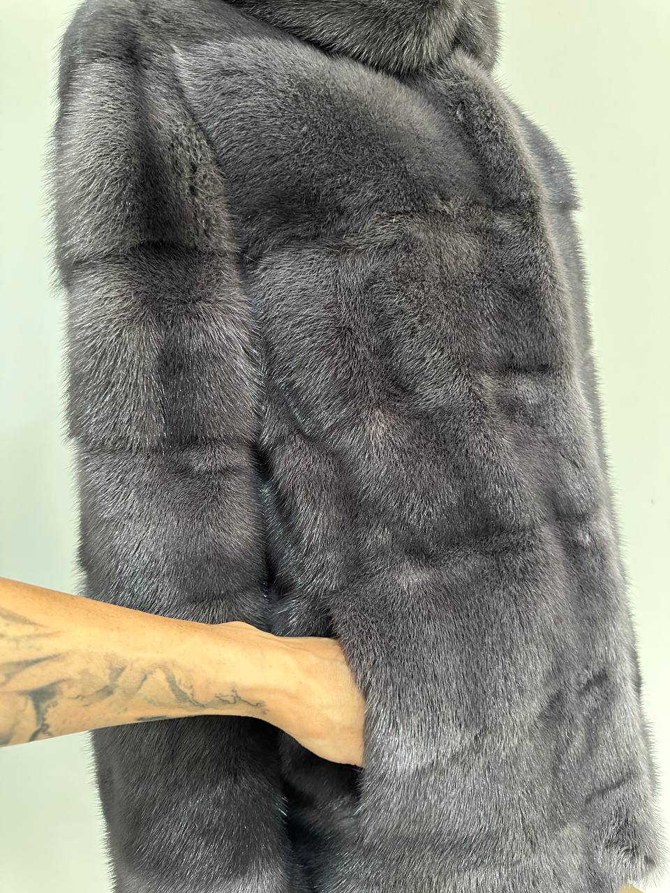 New HOODED MINK 100% FUR BOMBER coat JACKET size S DARK VIOLET FULL SKIN 1201124