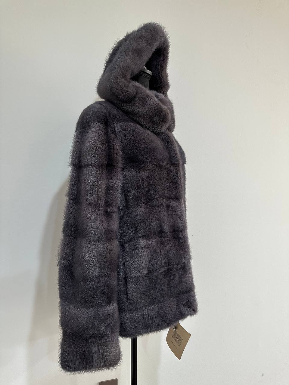 New HOODED MINK 100% FUR BOMBER coat JACKET size S DARK VIOLET FULL SKIN 1201124