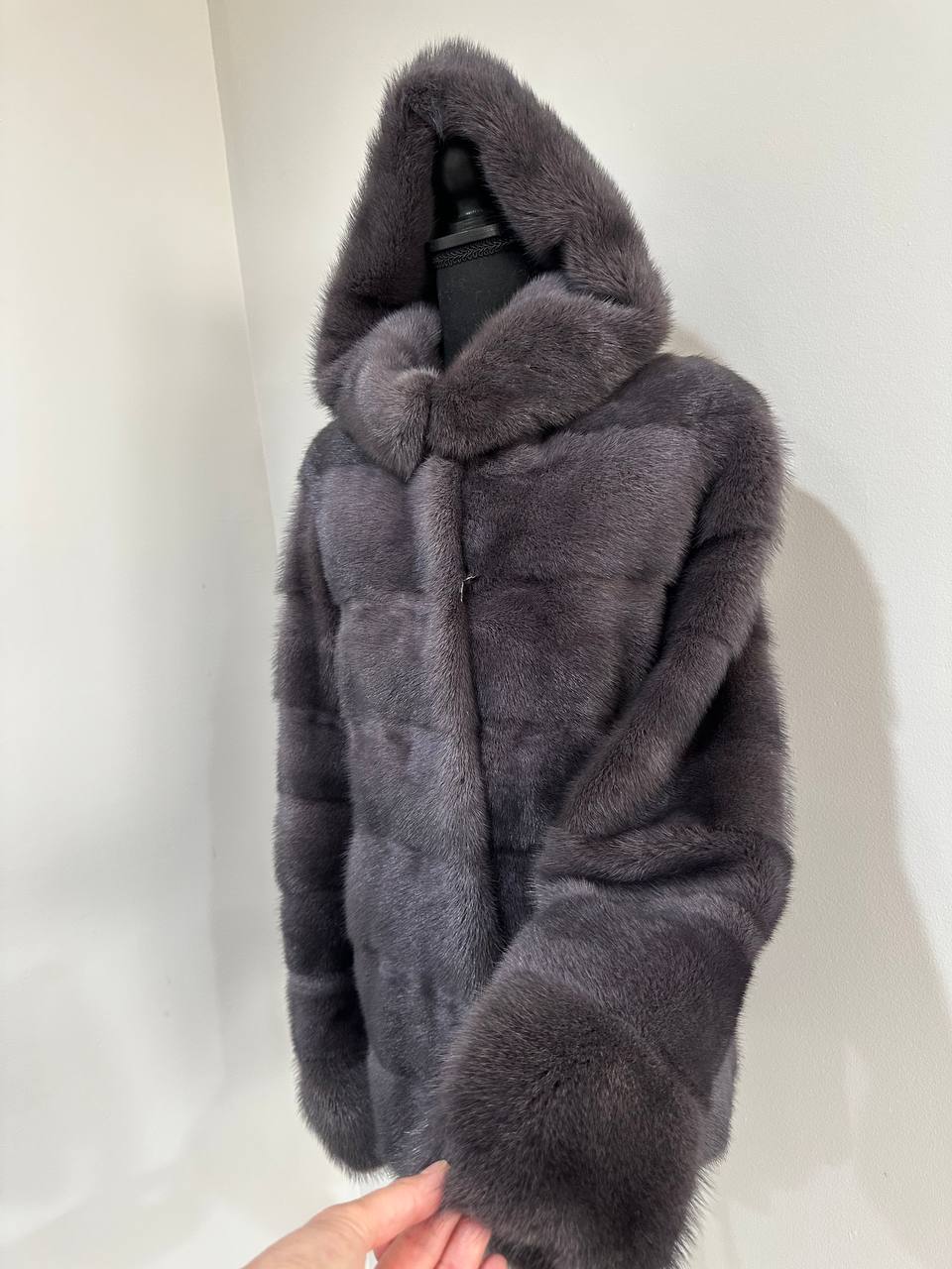 New HOODED MINK 100% FUR BOMBER coat JACKET size S DARK VIOLET FULL SKIN 1201124