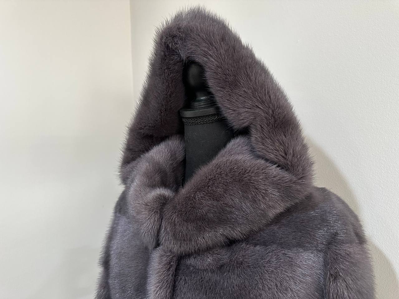 New HOODED MINK 100% FUR BOMBER coat JACKET size S DARK VIOLET FULL SKIN 1201124
