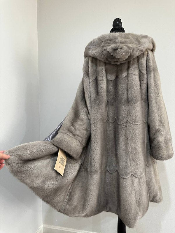 New Real Luxury Natural Mink Fur Coat with Hood Bell Silhouette Moon size M 1201131