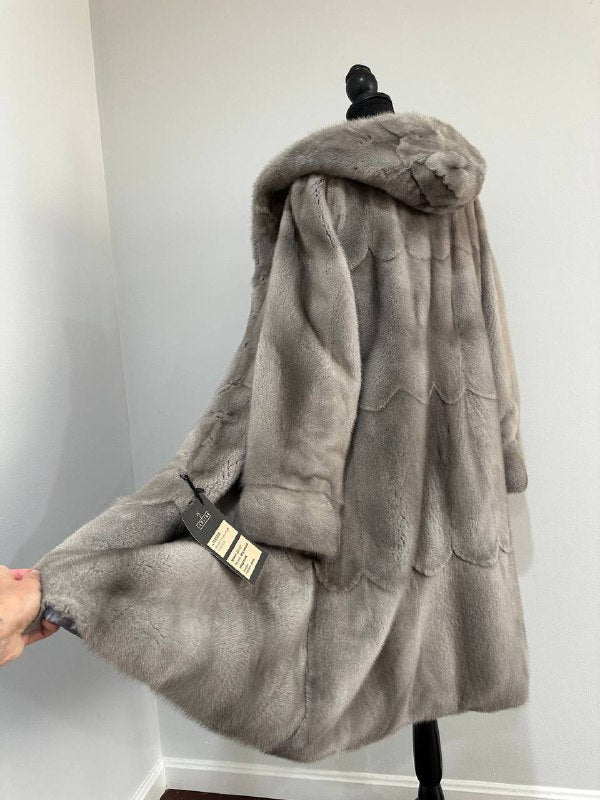 New Real Luxury Natural Mink Fur Coat with Hood Bell Silhouette Moon size M 1201131