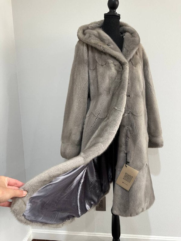 New Real Luxury Natural Mink Fur Coat with Hood Bell Silhouette Moon size M 1201131