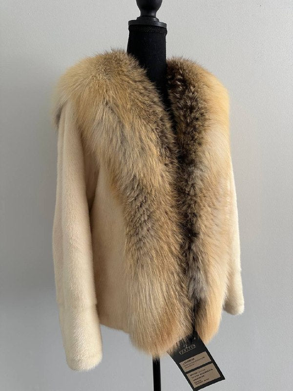 Luxury Womens Real 100% Mink FUR CREAM FOX genuine coat 1201110 size S NEW JACKET