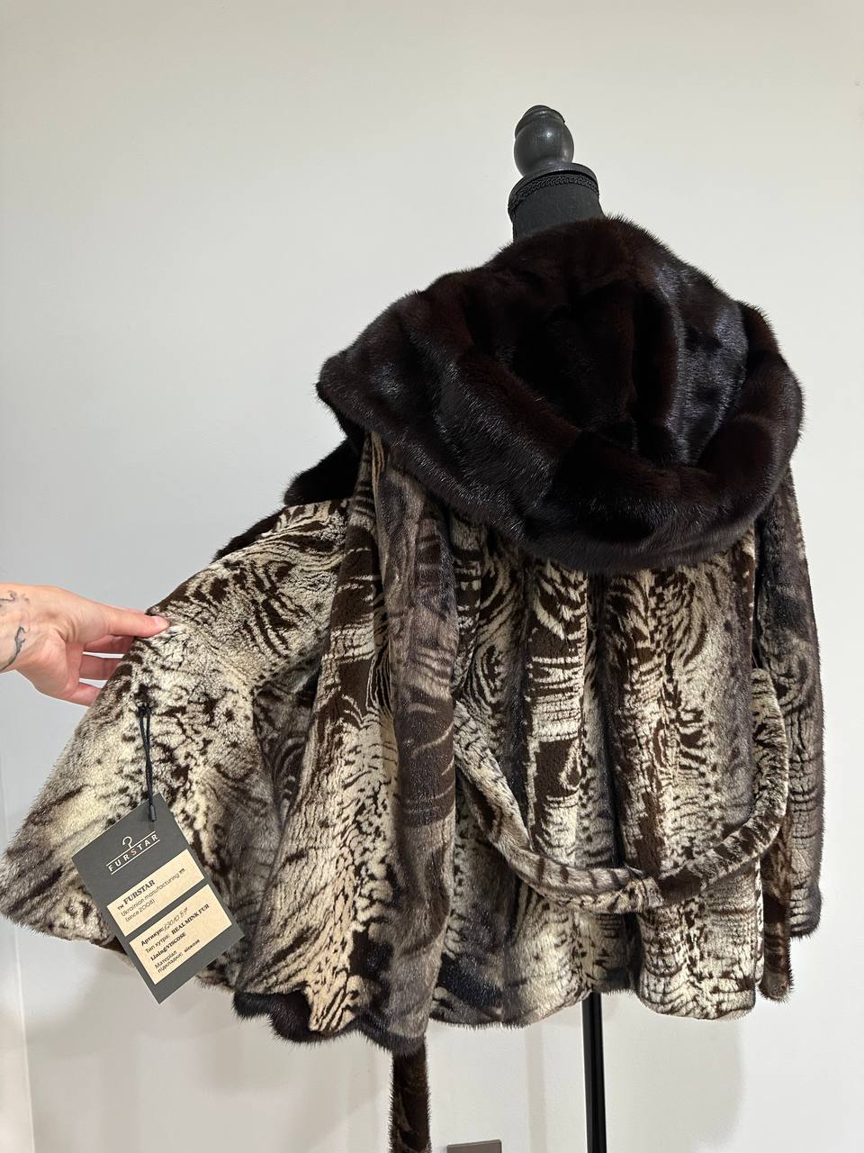 New women Real Natural Luxurious Sheared Mink Fur Coat with Hood 1201087 size M belt