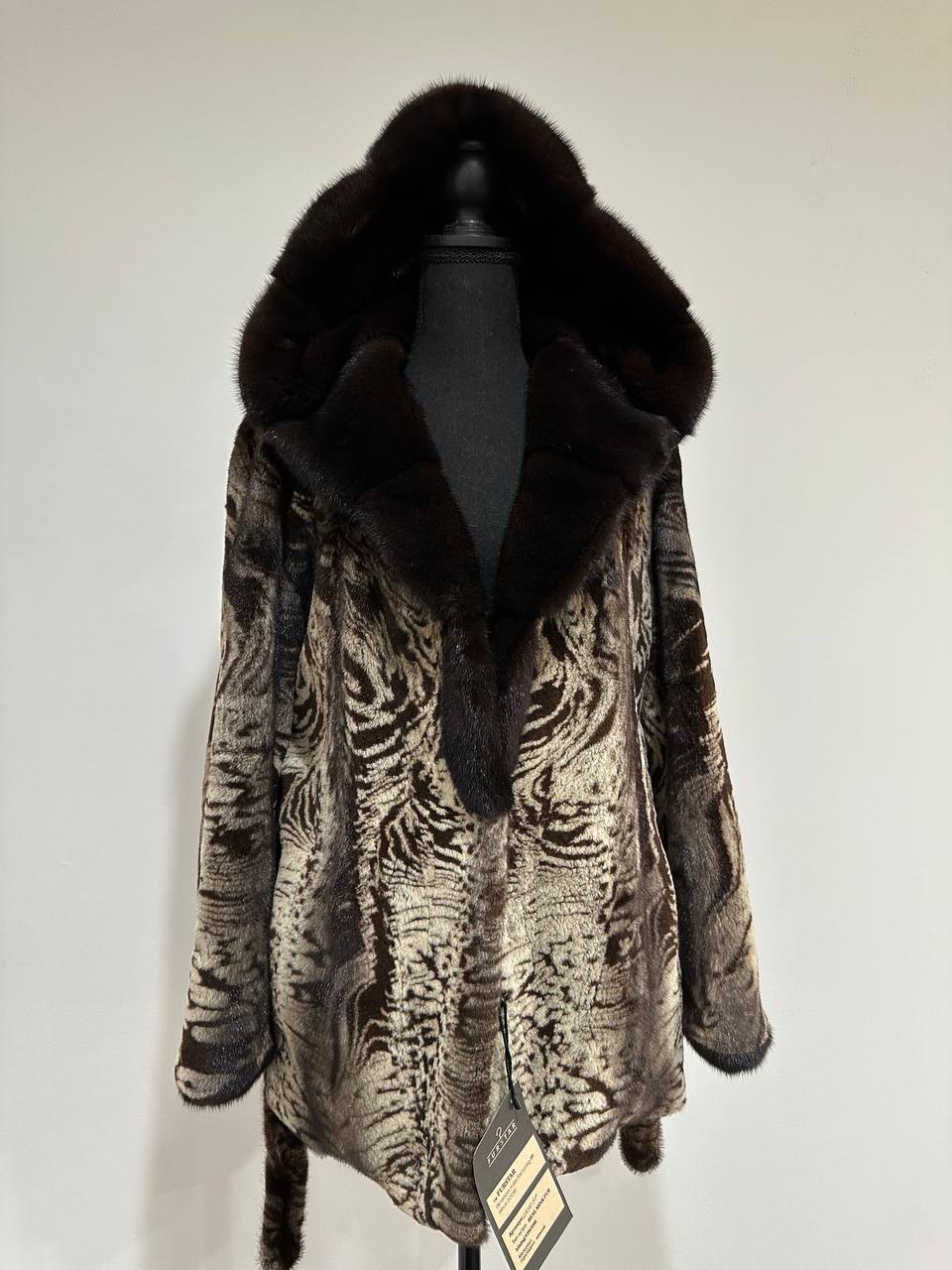 New women Real Natural Luxurious Sheared Mink Fur Coat with Hood 1201087 size M belt