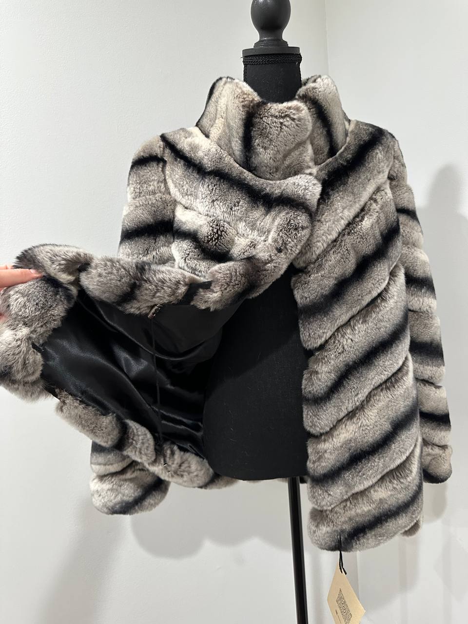 NEW Chinchilla Look Rex Rabbit Fur Jacket – Soft Luxury Coat – Size M 1201139