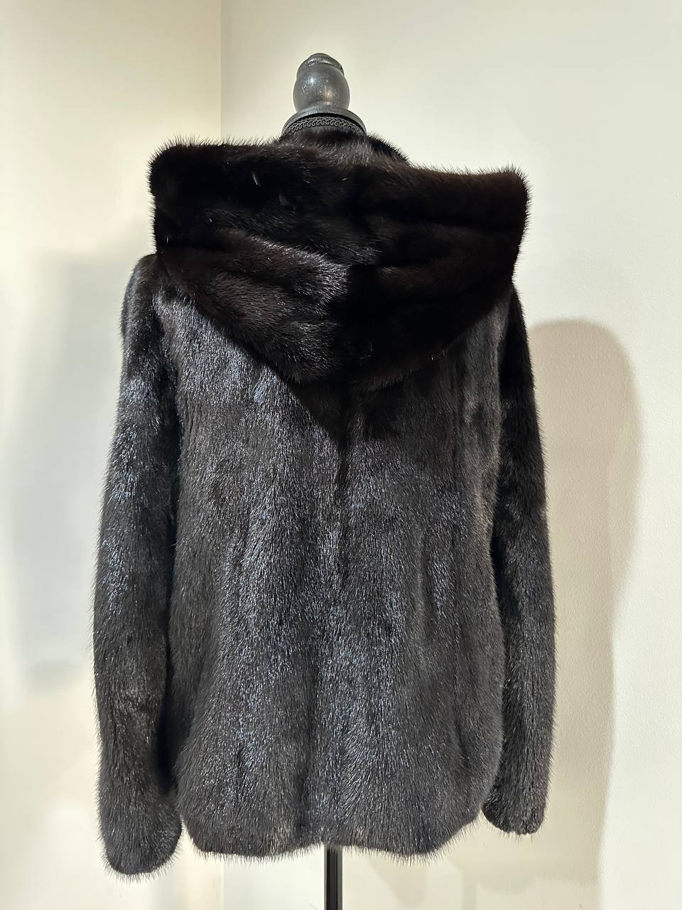 New Luxury Black Real Mink Jacket Cobra Hood Size Medium by FURSTAR M 1201127